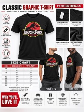 JURASSIC PARK MEN’S GRAPHIC T-SHIRT - BLACK SIZE MEDIUM (NEW WITH TAGS) A27